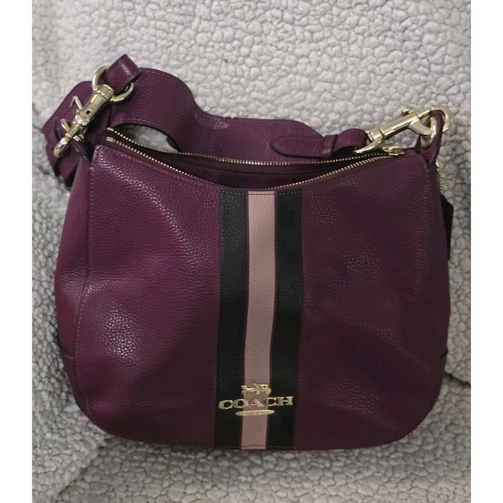 Coach Jes Hobo Shoulder Bag Pebbled Dark Berry Leather Varsity Stripes No F80643